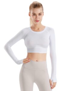 women fitness seamless long sleeve crop workout yoga tops gym running thumb hole shirts white l