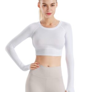 Women Fitness Seamless Long Sleeve Crop Workout Yoga Tops Gym Running Thumb Hole Shirts White L