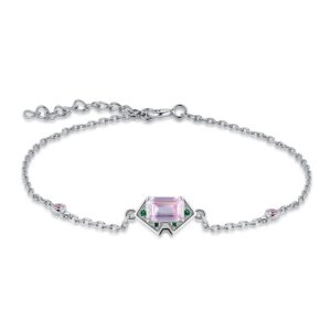 jewelrypalace geometric emerald cut pink cubic zirconia adjustable link bracelet for women, art deco 14k white gold plated 925 sterling silver bracelet for her, cz gemstone jewelry set