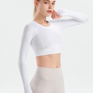 Women Fitness Seamless Long Sleeve Crop Workout Yoga Tops Gym Running Thumb Hole Shirts White L