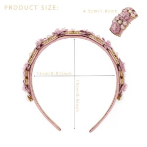 Urieo Crystal Embellished Hairbands Pink Rhinestone Baroque Headband Bejeweled Wide Head Band Party Wedding Hair Accessories for Women (pink)