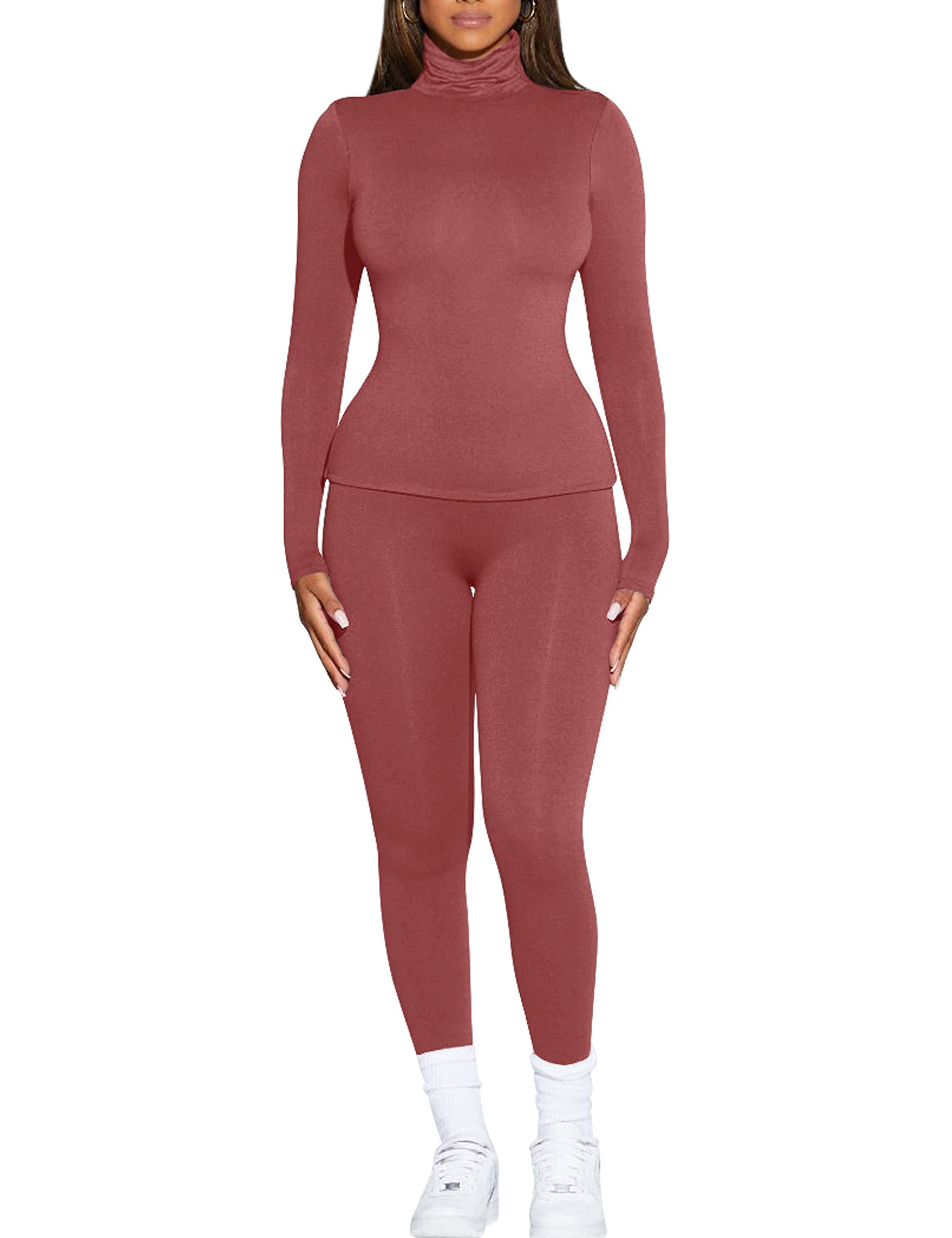 VASAUGE Women's Thermal Underwear Turtleneck Long Johns Base Layer Cold Weather Sets, X-Large, Dark Pink