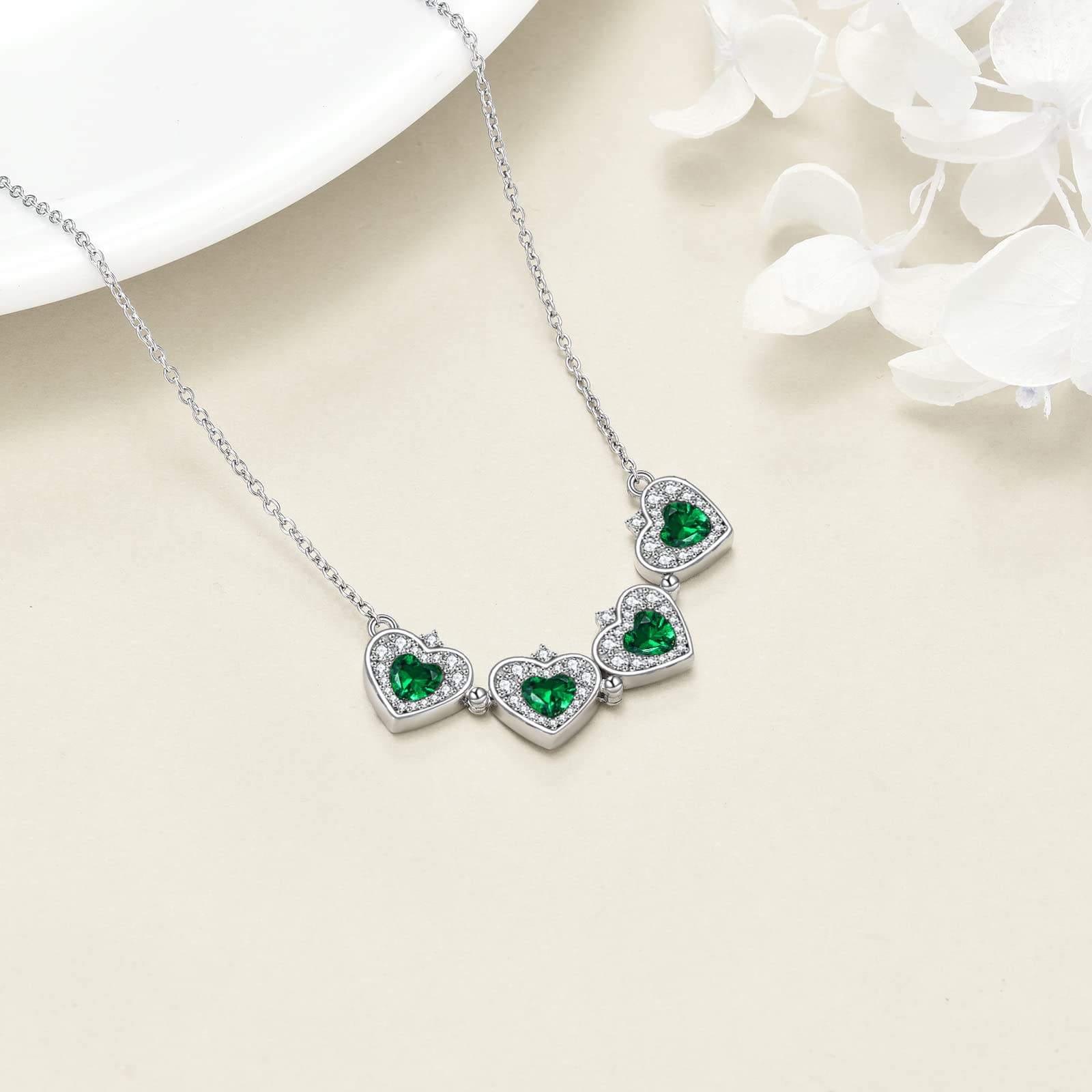 POPLYKE Sterling Silver Lucky Four Leaf Clover Necklace for Women Green Cubic Zirconia Folding Heart Love Pendant Necklace