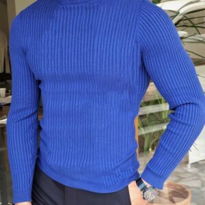 TURETRENDY Men's Stretch Muscle Tshirts Turtleneck Long Sleeve Knit Tees Casual Slim Fit Basic Shirt Tops Royal Blue 2XL