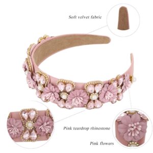 Urieo Crystal Embellished Hairbands Pink Rhinestone Baroque Headband Bejeweled Wide Head Band Party Wedding Hair Accessories for Women (pink)