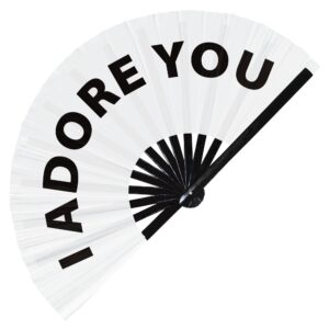 I Adore You hand fan foldable bamboo circuit hand fan funny gag slang words expressions statement gifts Festival accessories Rave handheld Circuit event fan Clack fans (White)