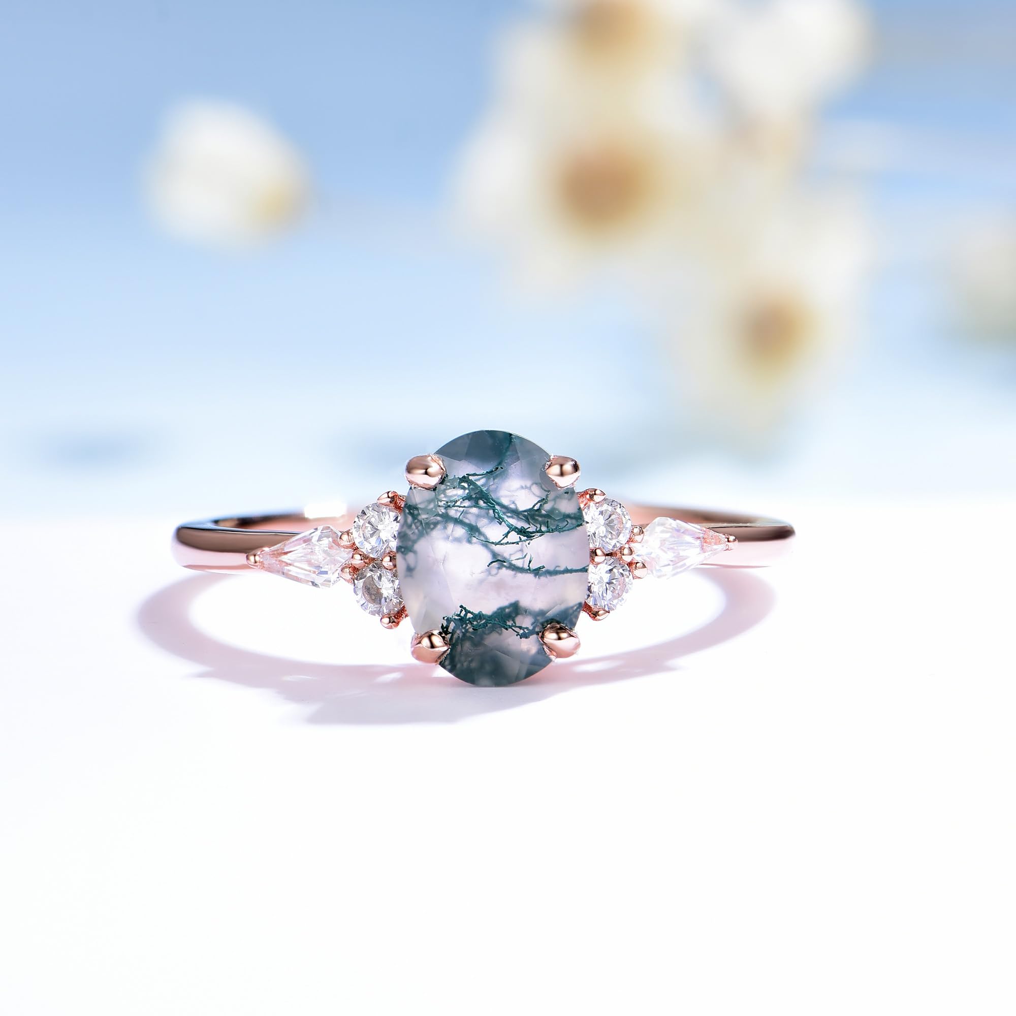 ITI KUOLOLIT Natural Moss Agate Ring Sterling SilverWedding Engagement Ring Green Agate Promise Wedding Rings for Women 6*8 Oval (Moss agate White, 8)