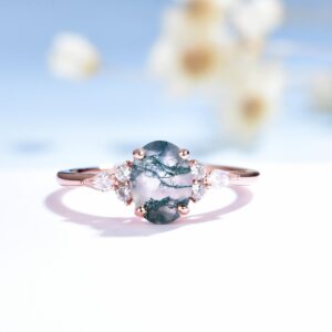 ITI KUOLOLIT Natural Moss Agate Ring Sterling SilverWedding Engagement Ring Green Agate Promise Wedding Rings for Women 6*8 Oval (Moss agate Rose, 6)