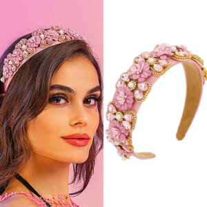 urieo crystal embellished hairbands pink rhinestone baroque headband bejeweled wide head band party wedding hair accessories for women (pink)