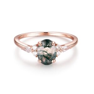 ITI KUOLOLIT Natural Moss Agate Ring Sterling SilverWedding Engagement Ring Green Agate Promise Wedding Rings for Women 6*8 Oval (Moss agate Rose, 6)