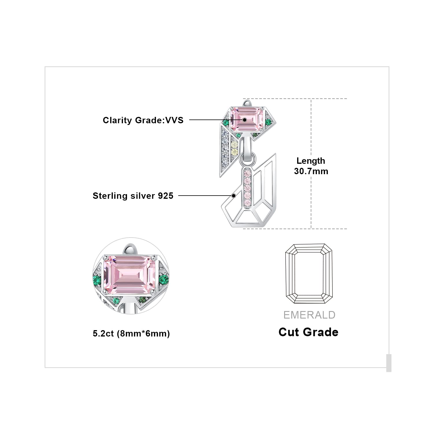 JewelryPalace Emerald Cut 6.3ct Pink Cubic Zirconia Dangle Earrings for Women, Openable geometric 925 Sterling Silver 14k Gold Plated Earrings for Her, Art Deco Gemstones Jewelry Sets for Women