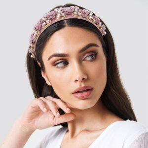 Urieo Crystal Embellished Hairbands Pink Rhinestone Baroque Headband Bejeweled Wide Head Band Party Wedding Hair Accessories for Women (pink)