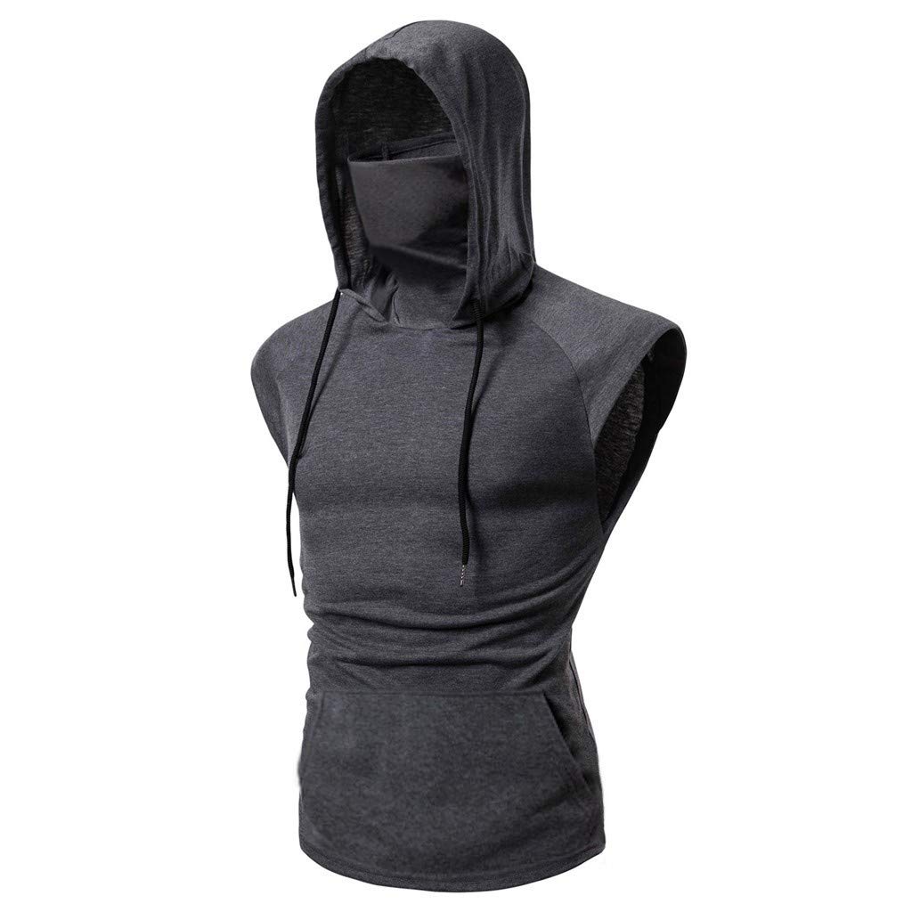 JSFOIRYROU Mens Workout Hooded Tank Top with Mask Gym Muscle Cut Off Short Sleeves T Shirt Hoodies Active Base Layer Top Vest (Gray,Large)