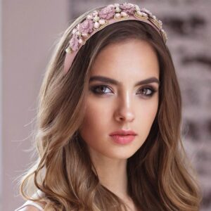 Urieo Crystal Embellished Hairbands Pink Rhinestone Baroque Headband Bejeweled Wide Head Band Party Wedding Hair Accessories for Women (pink)