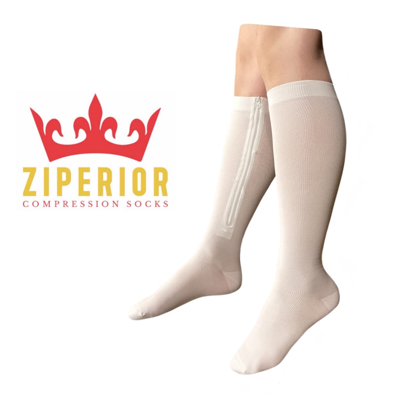 Ziperior Closed Toe 15-20 mmHg Compression White Navy Gray Inside Zipper Socks (White, Large-X-Large)