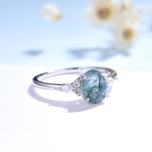 ITI KUOLOLIT Natural Moss Agate Ring Sterling SilverWedding Engagement Ring Green Agate Promise Wedding Rings for Women 6*8 Oval (Moss agate White, 8)