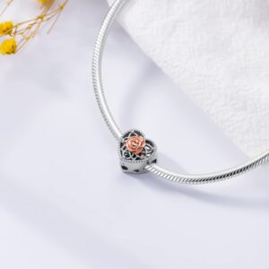 MBSUUH Personalized Rose Birth Flower Photo Charms Fit Snake Bracelet Necklace 925 Sterling Silver Customized Heart Shape Floral Picture Bead Christmas Charm