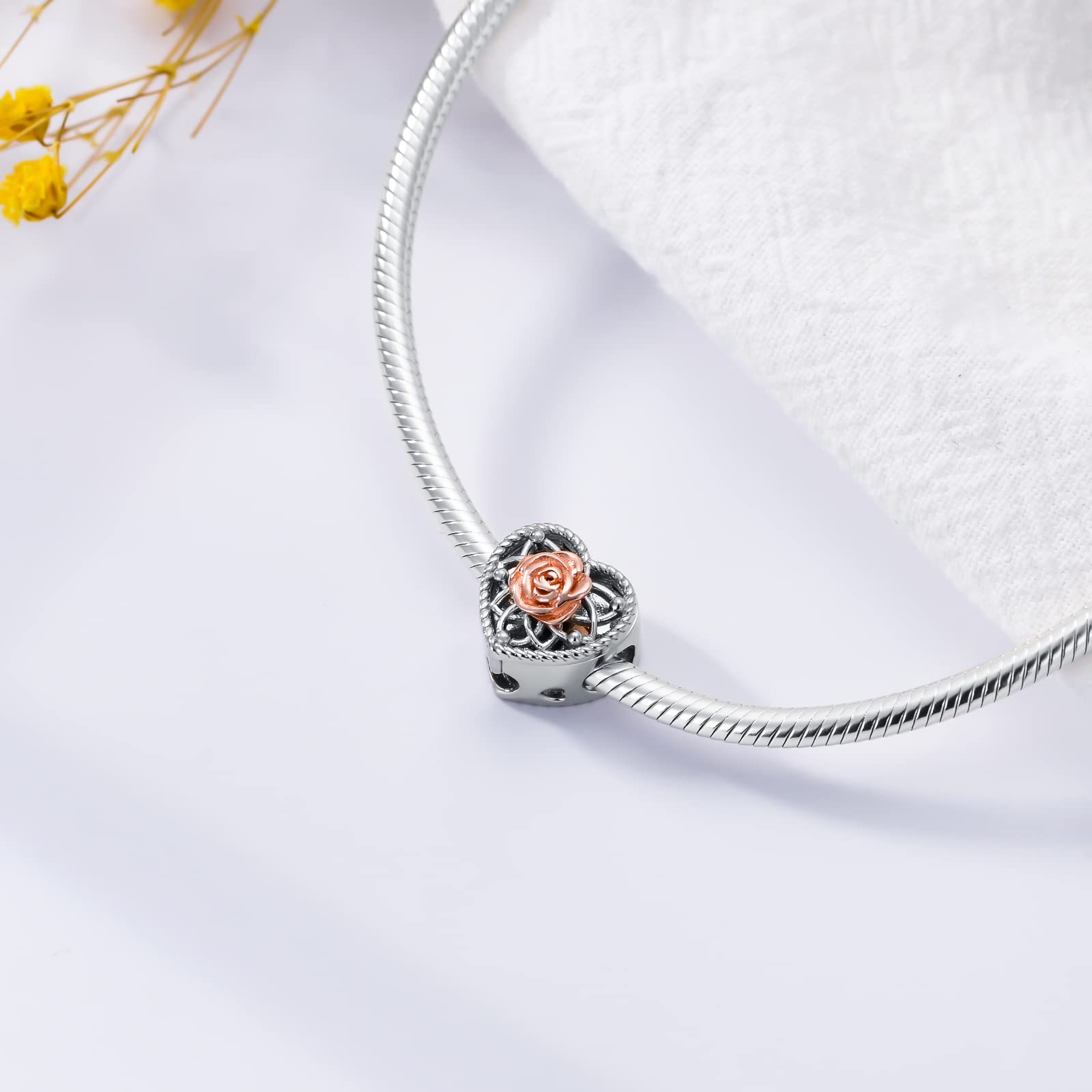 MBSUUH Personalized Rose Birth Flower Photo Charms Fit Snake Bracelet Necklace 925 Sterling Silver Customized Heart Shape Floral Picture Bead Christmas Charm