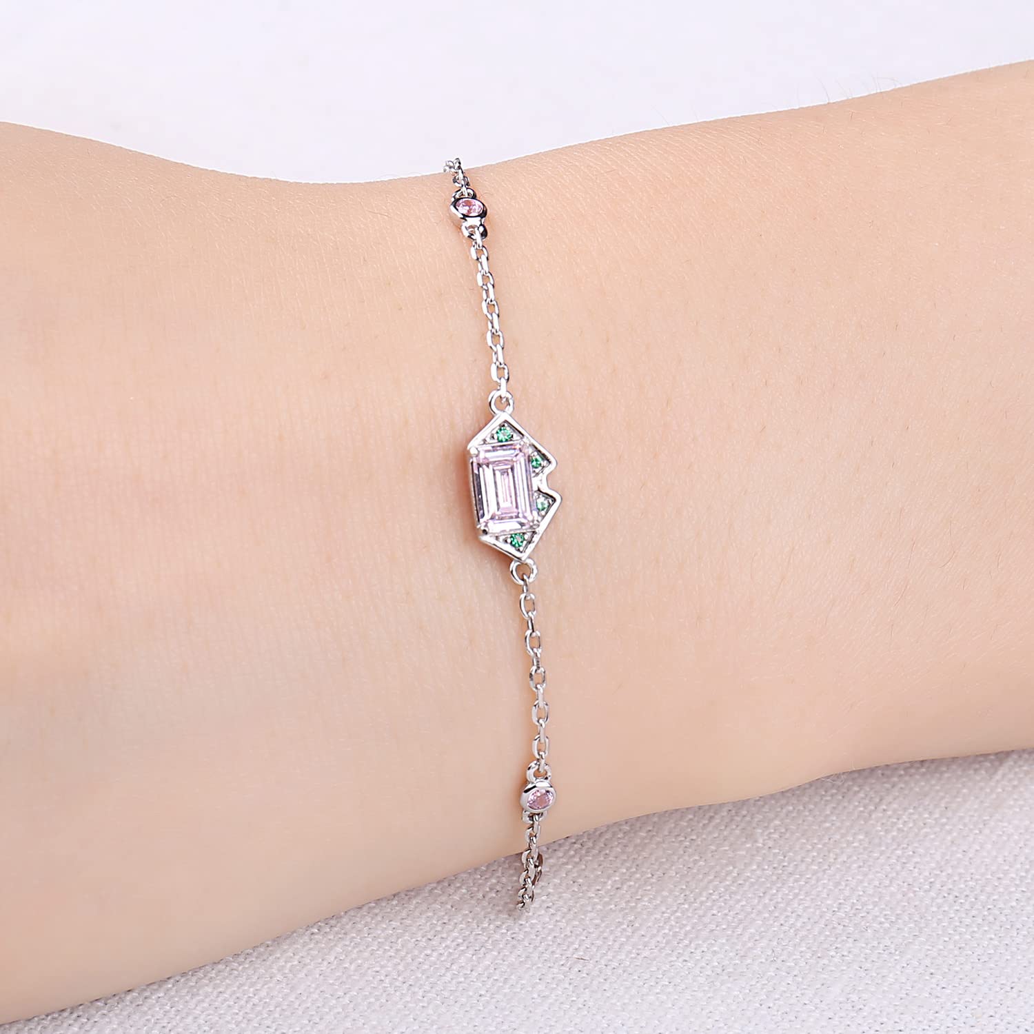 JewelryPalace Geometric Emerald Cut Pink Cubic Zirconia Adjustable Link Bracelet for Women, Art Deco 14k White Gold Plated 925 Sterling Silver Bracelet for Her, CZ Gemstone Jewelry Set