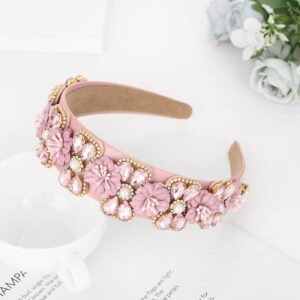 Urieo Crystal Embellished Hairbands Pink Rhinestone Baroque Headband Bejeweled Wide Head Band Party Wedding Hair Accessories for Women (pink)