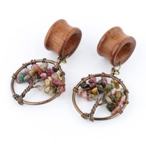 0G 8mm Multicolor Tourmaline Tree of Life Wood Dangle Ear Gauges Piercing Flesh Tunnels Plugs Stretching Kit Expander