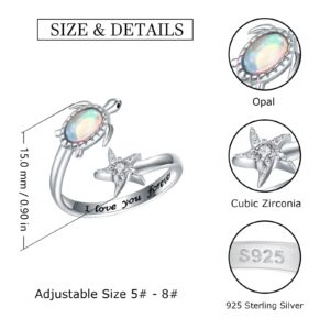 925-Sterling-Silver Opal Turtle Ring for Women - Adjustable Sea Turtle Starfish Ring Ocan Animal Ring Turtle Jewelry Christmas Birthday Gift for Daughter Wife