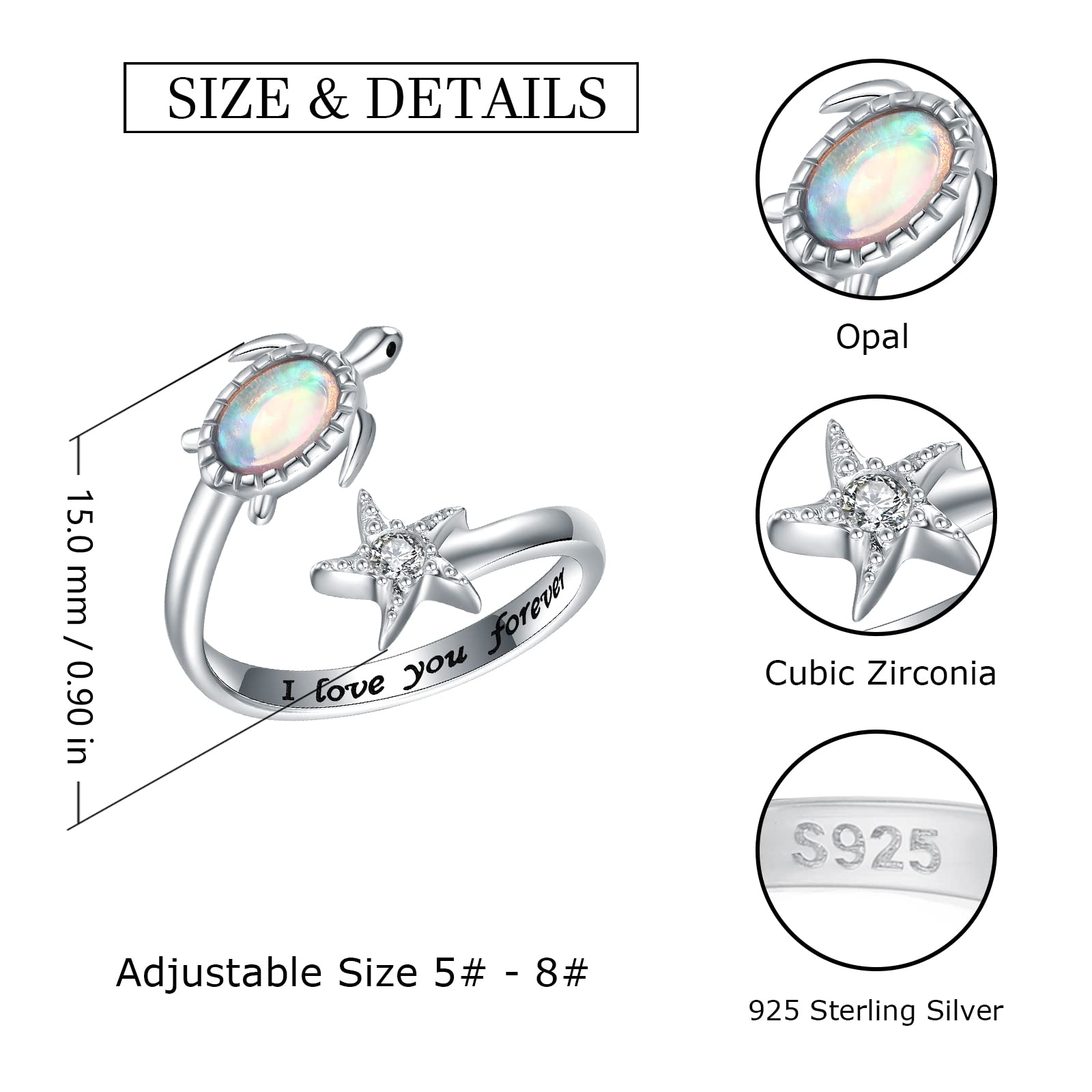 925-Sterling-Silver Opal Turtle Ring for Women - Adjustable Sea Turtle Starfish Ring Ocan Animal Ring Turtle Jewelry Christmas Birthday Gift for Daughter Wife