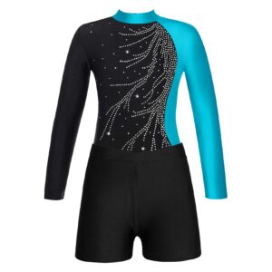 easyforever Girls Long Sleeves Gymnastics Ballet Dance Leotard Shiny Diamonds Jumpsuit Bodysuit Biketard with Shorts *Lake Blue A 8 Years