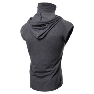 JSFOIRYROU Mens Workout Hooded Tank Top with Mask Gym Muscle Cut Off Short Sleeves T Shirt Hoodies Active Base Layer Top Vest (Gray,Large)