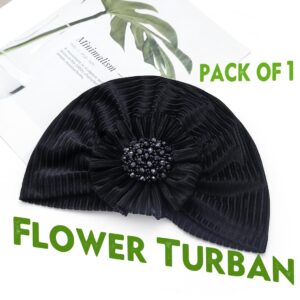 Urieo Women Turban Flower Caps Knot Pre-tie Beanie Head Wrap Black Headwrap Hat