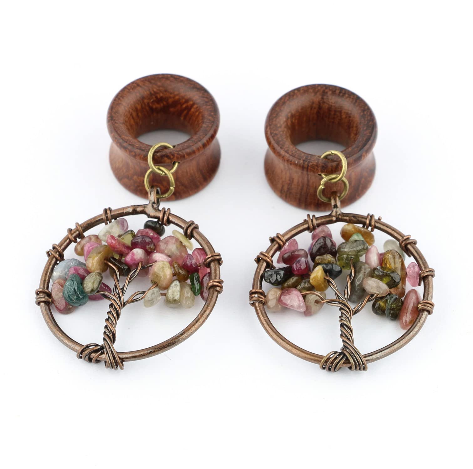 0G 8mm Multicolor Tourmaline Tree of Life Wood Dangle Ear Gauges Piercing Flesh Tunnels Plugs Stretching Kit Expander