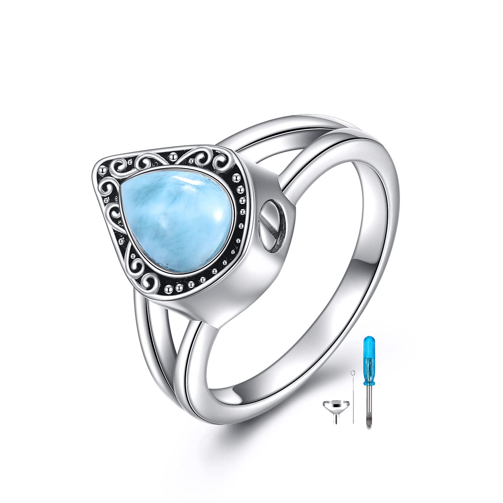 POPLYKE Urn Ring for Ashes Sterling Silver Larimar Filigree Cremation jewelry Rings For Ashes Of Loved Ones Memorial Keepsake (Larimar 8)