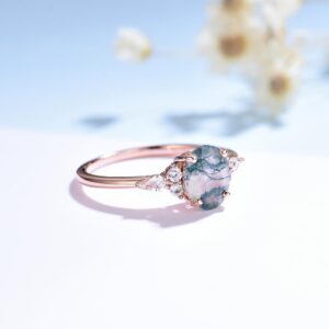 ITI KUOLOLIT Natural Moss Agate Ring Sterling SilverWedding Engagement Ring Green Agate Promise Wedding Rings for Women 6*8 Oval (Moss agate White, 8)