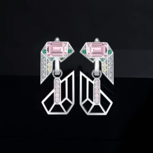 JewelryPalace Emerald Cut 6.3ct Pink Cubic Zirconia Dangle Earrings for Women, Openable geometric 925 Sterling Silver 14k Gold Plated Earrings for Her, Art Deco Gemstones Jewelry Sets for Women