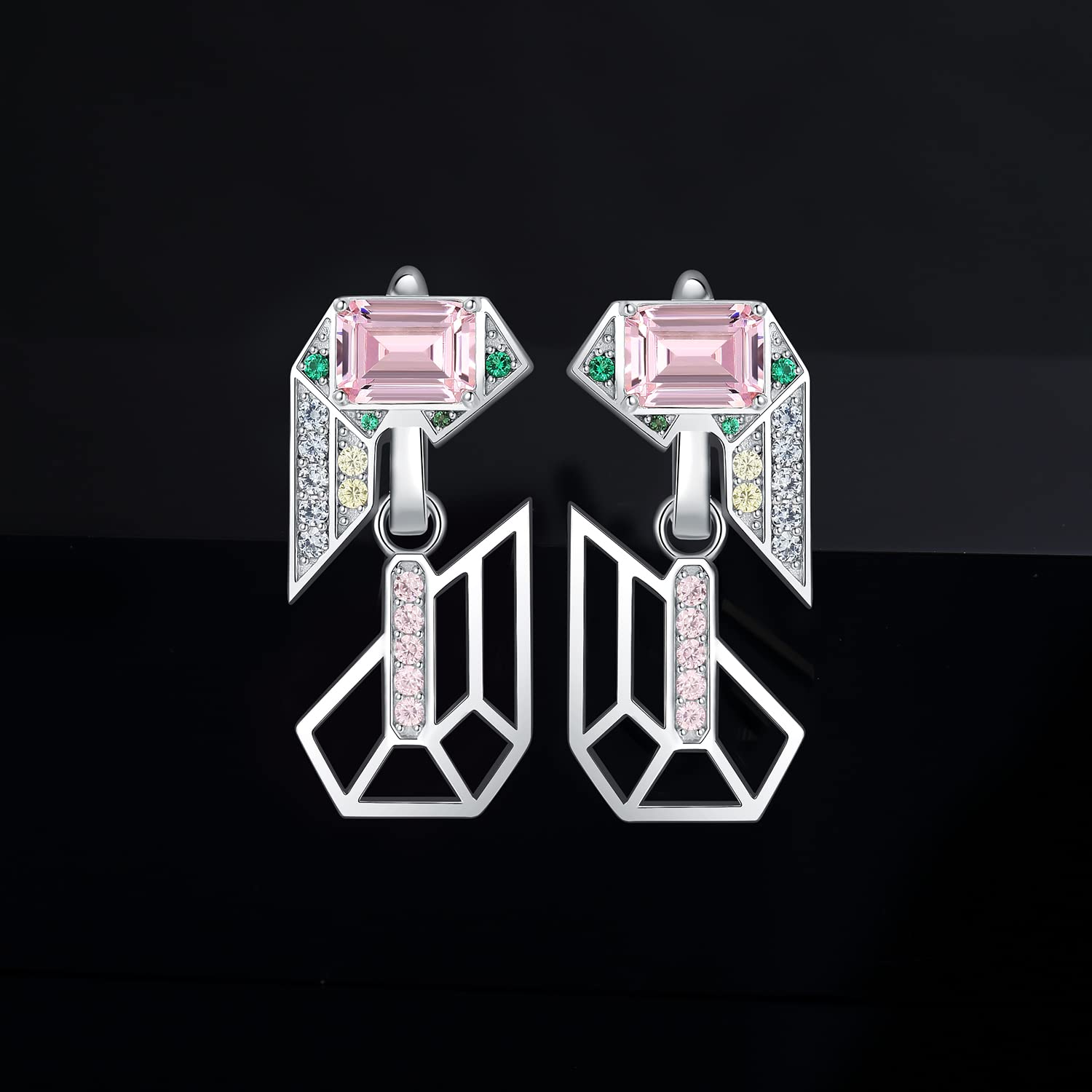 JewelryPalace Emerald Cut 6.3ct Pink Cubic Zirconia Dangle Earrings for Women, Openable geometric 925 Sterling Silver 14k Gold Plated Earrings for Her, Art Deco Gemstones Jewelry Sets for Women