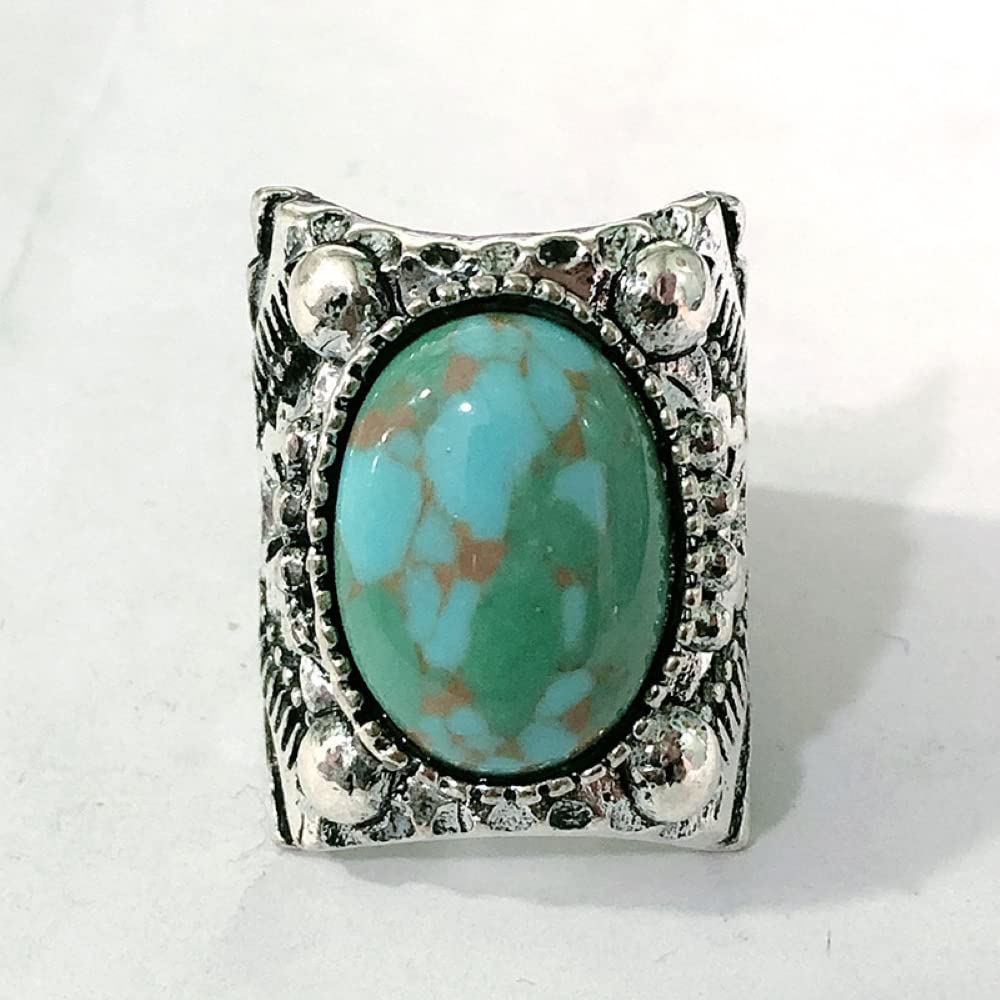 QUSIIOSLK Vintage 925 Sterling Silver Ring Oval Cut Natural Bohemia Turquoise Cut Natural Turquoise Bridal Ring Wedding Party Engagement Jewelry Size 6-10 (Size-9)