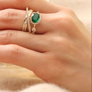 Sonateomber Green Crystal Gold Open Stacking Ring for Women - Large Dainty Simulated Emerald Rhinestone Cubic Zirconia Stone Adjustable Statement X Criss Cross Stack Costume Ring Valentine Gift