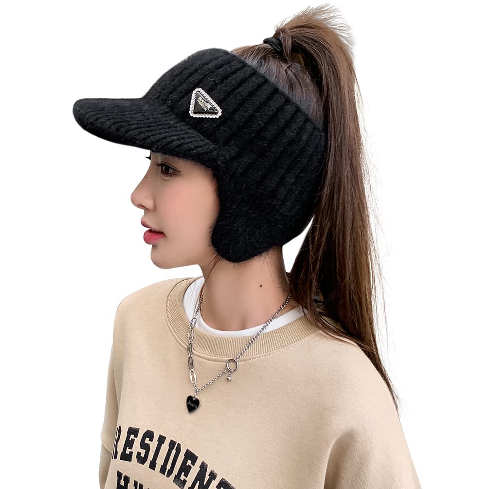 YUSSTAR Open Beanie with Earflaps Visor Brim Bun Ponytail Winter Golf Tennis Hats Women (Black)