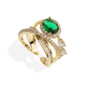 Sonateomber Green Crystal Gold Open Stacking Ring for Women - Large Dainty Simulated Emerald Rhinestone Cubic Zirconia Stone Adjustable Statement X Criss Cross Stack Costume Ring Valentine Gift