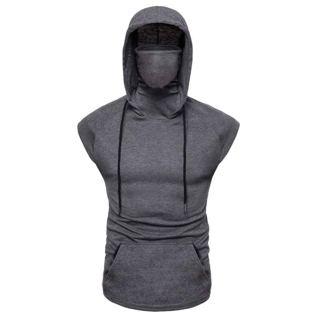 JSFOIRYROU Mens Workout Hooded Tank Top with Mask Gym Muscle Cut Off Short Sleeves T Shirt Hoodies Active Base Layer Top Vest (Gray,Large)