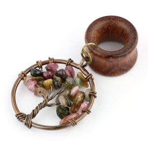 0G 8mm Multicolor Tourmaline Tree of Life Wood Dangle Ear Gauges Piercing Flesh Tunnels Plugs Stretching Kit Expander