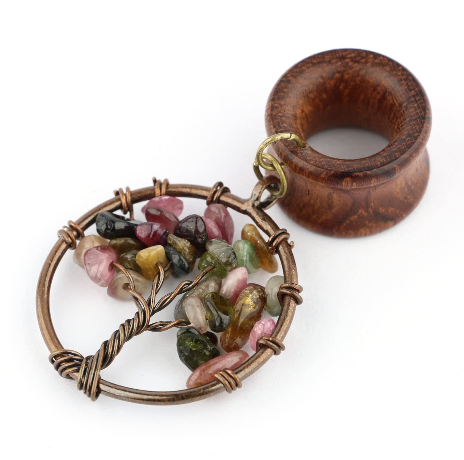 0G 8mm Multicolor Tourmaline Tree of Life Wood Dangle Ear Gauges Piercing Flesh Tunnels Plugs Stretching Kit Expander