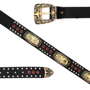 West Star Concho Genuine Leather Belt Mens Women Western Cowboy Leather Belt-Rooster Black Red XL