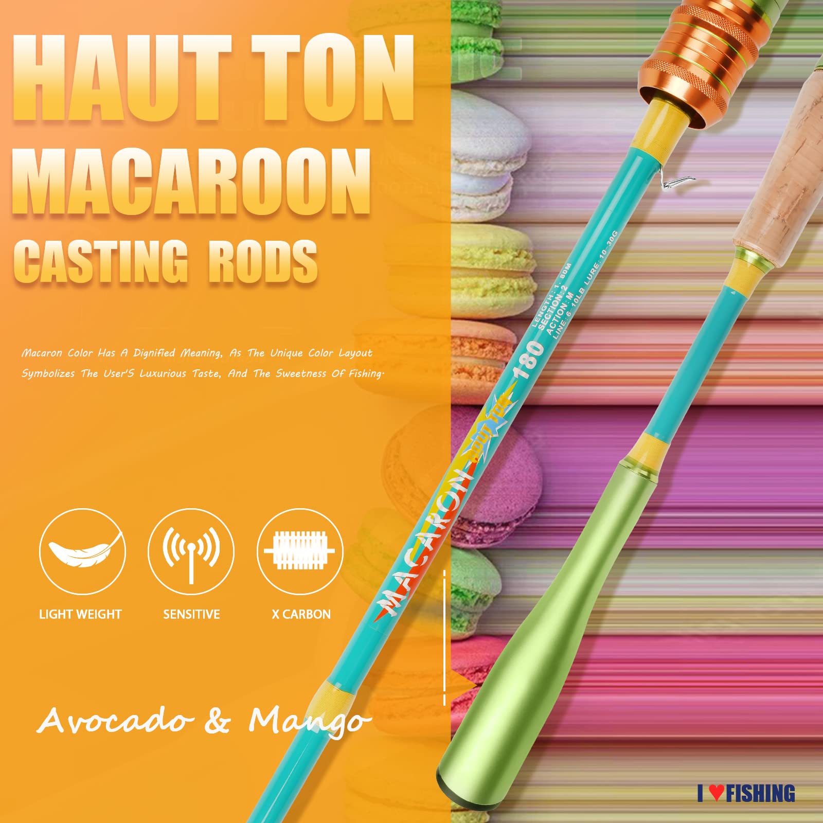 HAUT TON Macaroon-MA Casting Fishing Rods,24Ton 6'0"IM6 Graphite Carbon Fiber Baitcaster Rod,Twin-Tip,Medium Rodpower,Avocado/GR&Mango/YE Fishing Pole