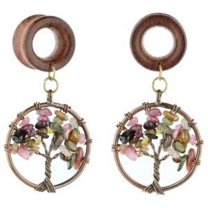 0G 8mm Multicolor Tourmaline Tree of Life Wood Dangle Ear Gauges Piercing Flesh Tunnels Plugs Stretching Kit Expander