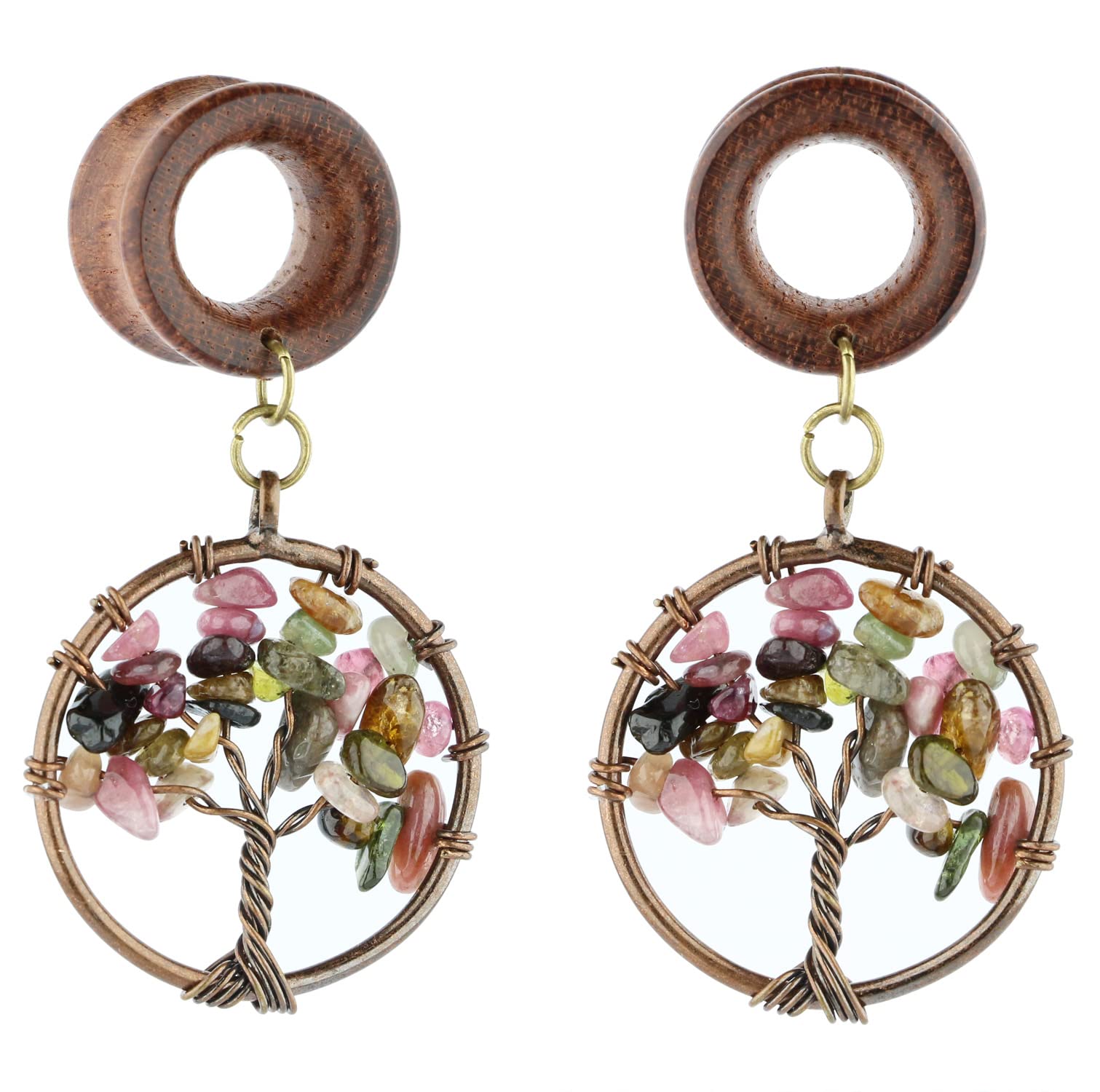 0G 8mm Multicolor Tourmaline Tree of Life Wood Dangle Ear Gauges Piercing Flesh Tunnels Plugs Stretching Kit Expander