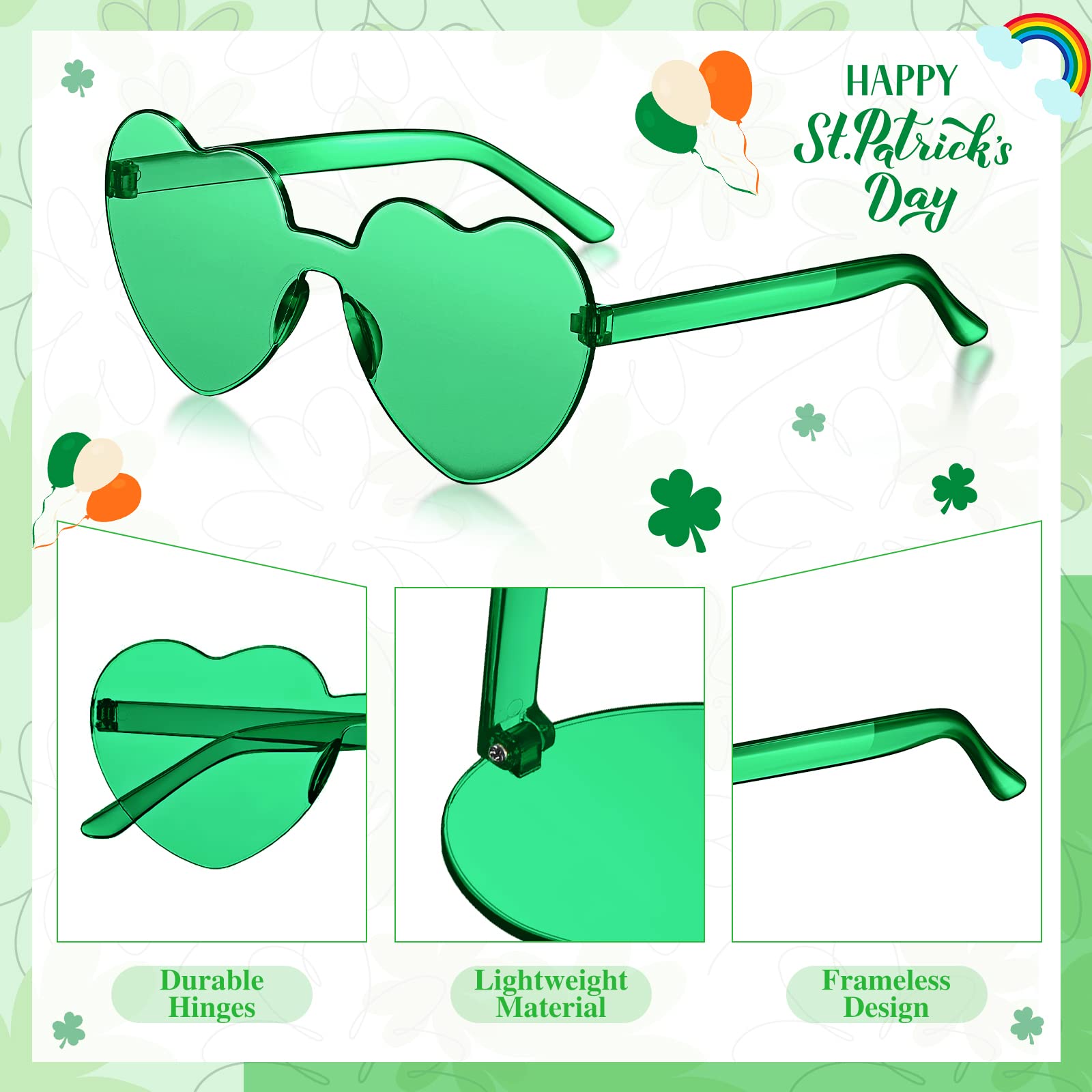 12 Pcs St. Patrick's Day Costume Set Green Headband Tinsel Wrapped Ponytails Headbands Rimless Transparent Heart Glasses Heart Shape Sunglasses for Girls Kids Women Men