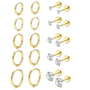 THUNARAZ 10 Pairs Earrings Sets for Multiple Piercing Small Gold Huggie Hoop Earrings Stainless Steel 20G Flat Back Tiny CZ Stud Earrings for Cartilage Hypoallergenic