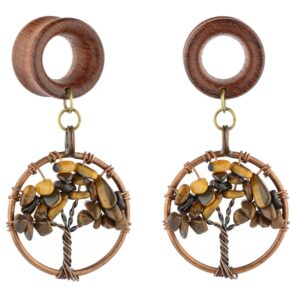 0G 8mm Tigereye Stone Tree of Life Wood Dangle Ear Gauges Piercing Flesh Tunnels Plugs Stretching Kit Expander