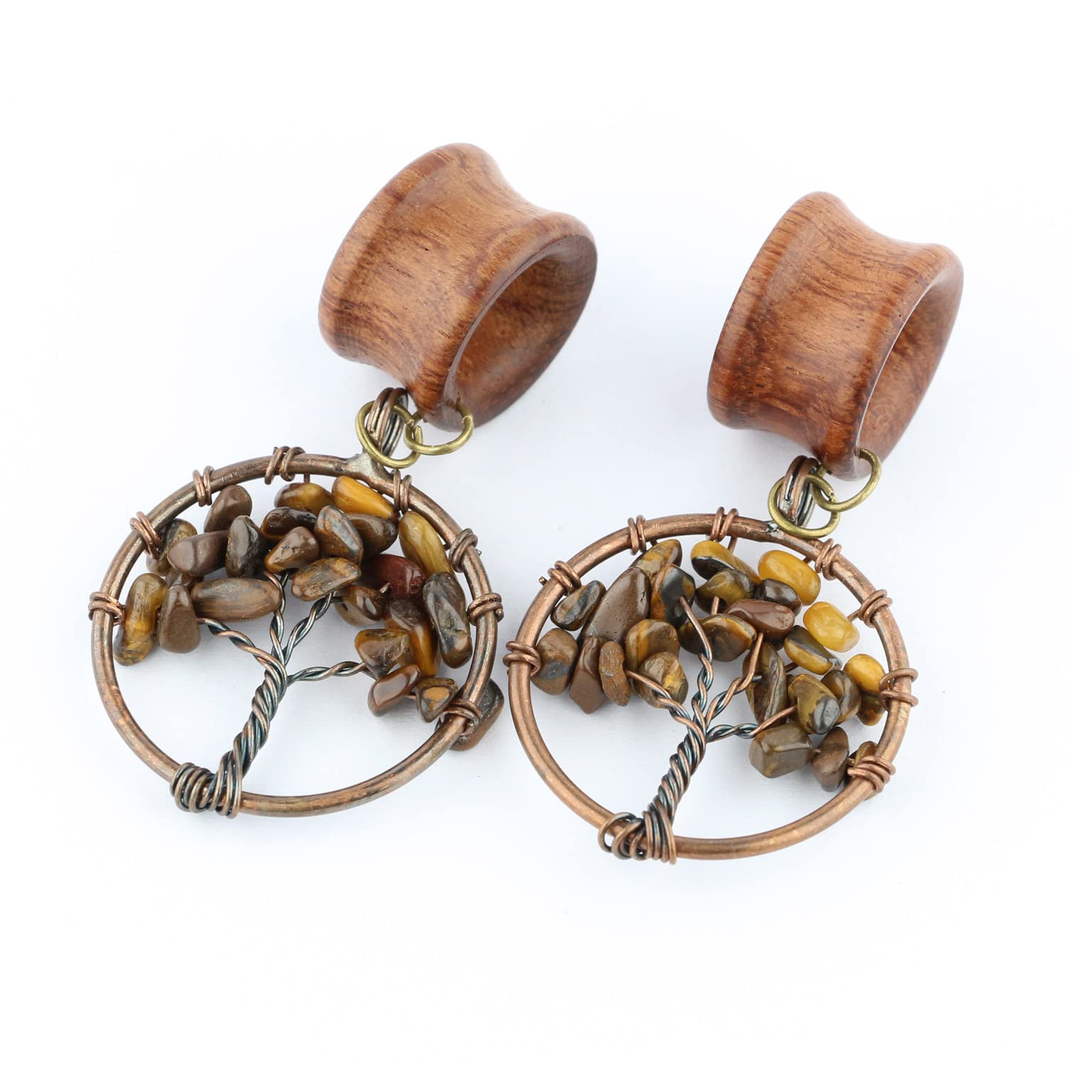 0G 8mm Tigereye Stone Tree of Life Wood Dangle Ear Gauges Piercing Flesh Tunnels Plugs Stretching Kit Expander